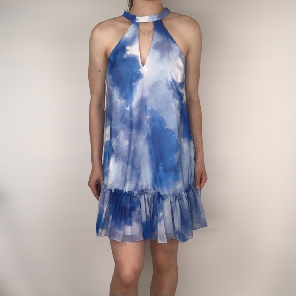 NWT Aiden Mattox Marine Mock Neck Shift Dress Size 0 Ruffle Mini - Picture 2 of 7